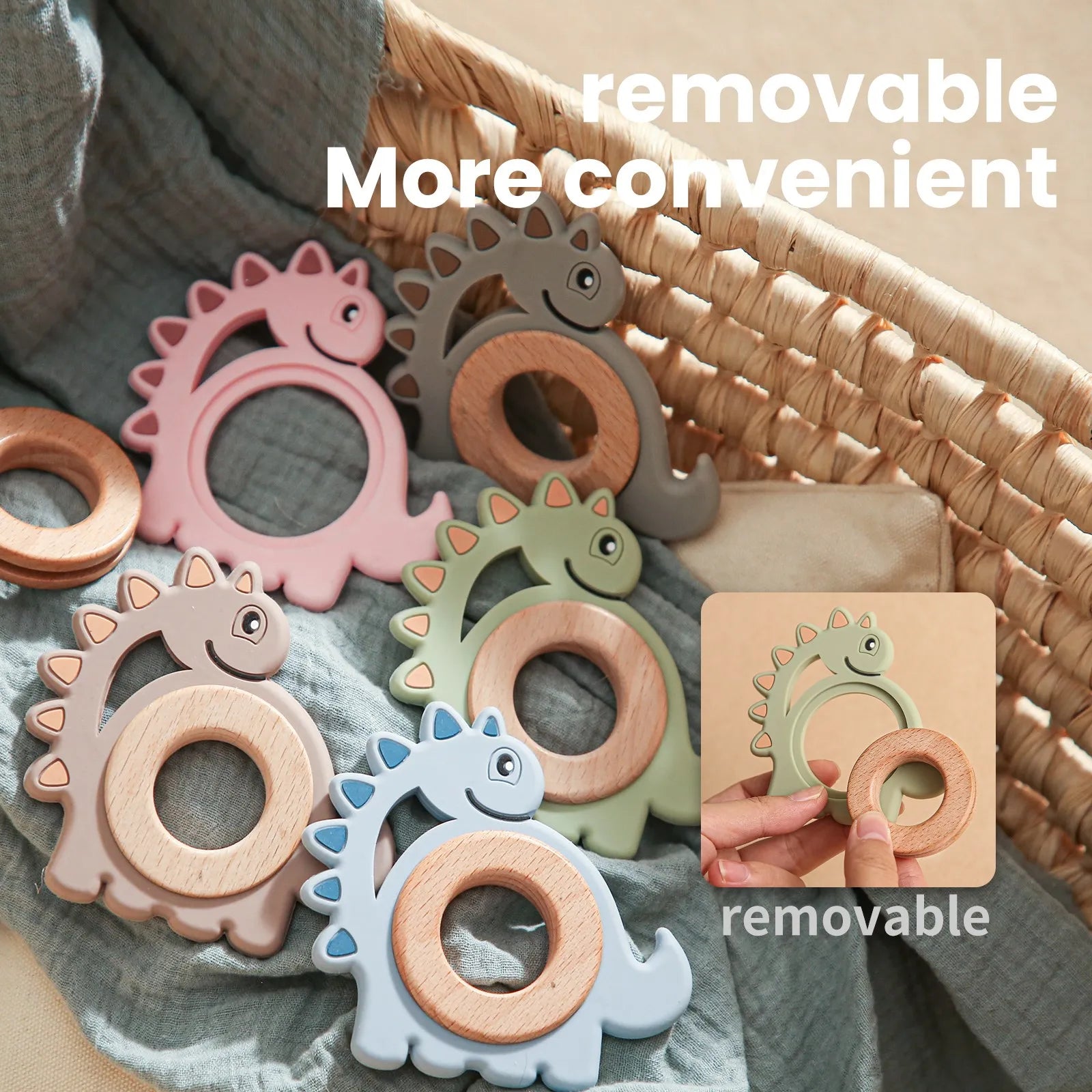 Dinosaur Silicone Wood Ring Teether