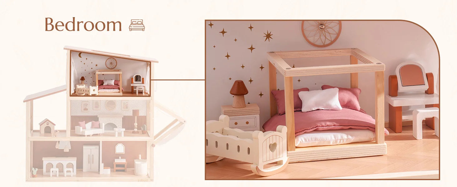 Robud Wooden Dollhouse 6 Rooms 29 Realistic Accessories 4-6" Dolls Nordic Style Kids Toddlers Gift Ages 3+