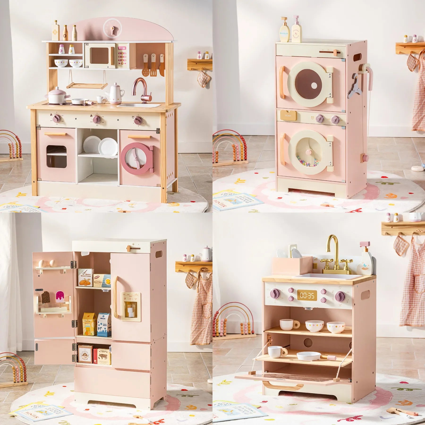 Kids Corner Kitchen Playset Wooden Play Kitchen Set with Realistic Sound Pretend Play Gift for Boys Girls Pink