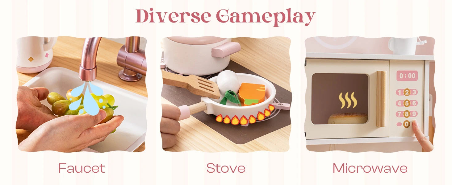 Kids Corner Kitchen Playset Wooden Play Kitchen Set with Realistic Sound Pretend Play Gift for Boys Girls Pink