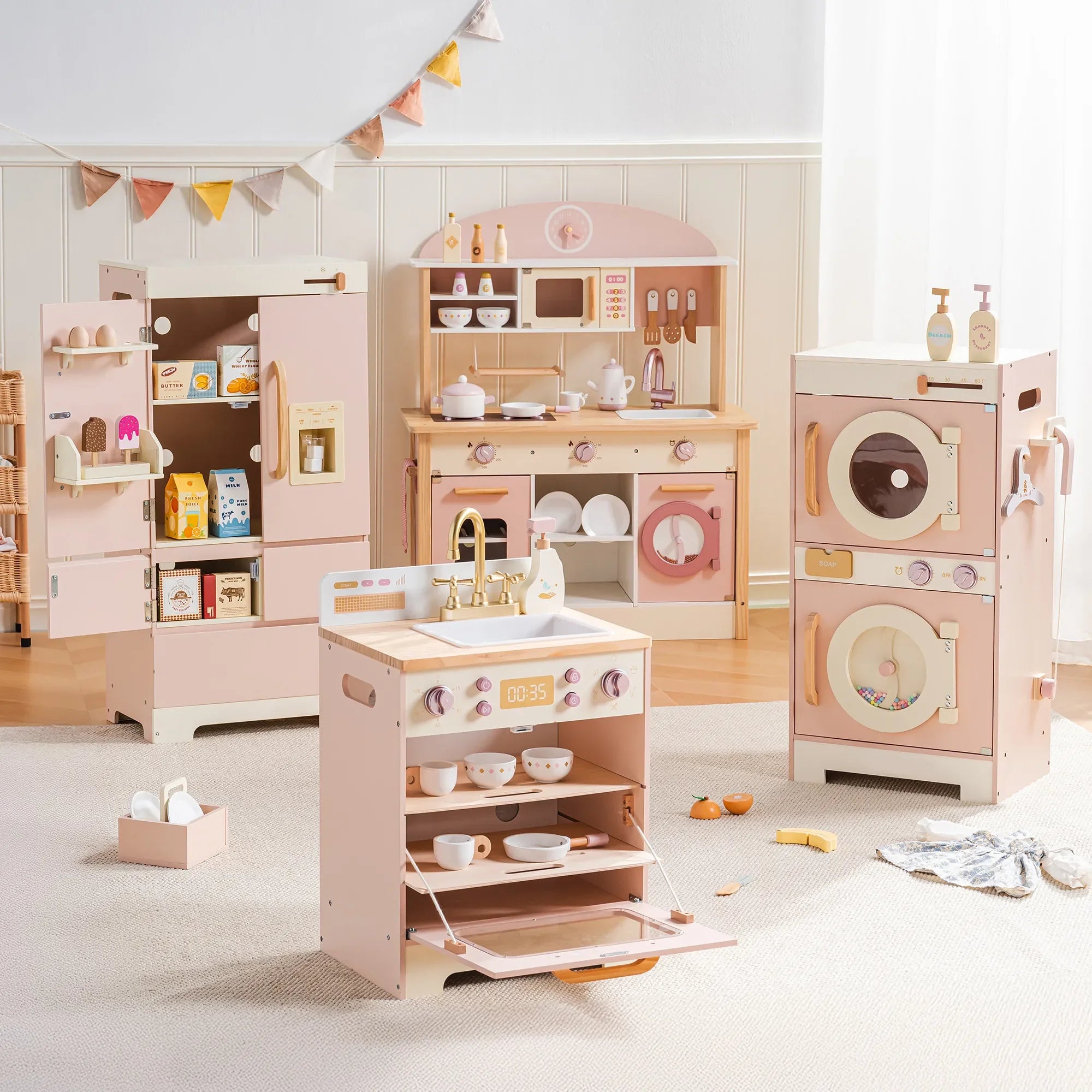 Kids Corner Kitchen Playset Wooden Play Kitchen Set with Realistic Sound Pretend Play Gift for Boys Girls Pink
