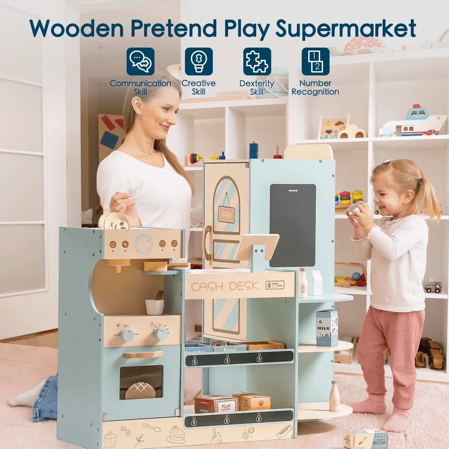 Robotime Robud Kids Grocery Store Pretend Play Supermarket with Checkout Counter Vending Machine Pretend Playset for Boys Girls