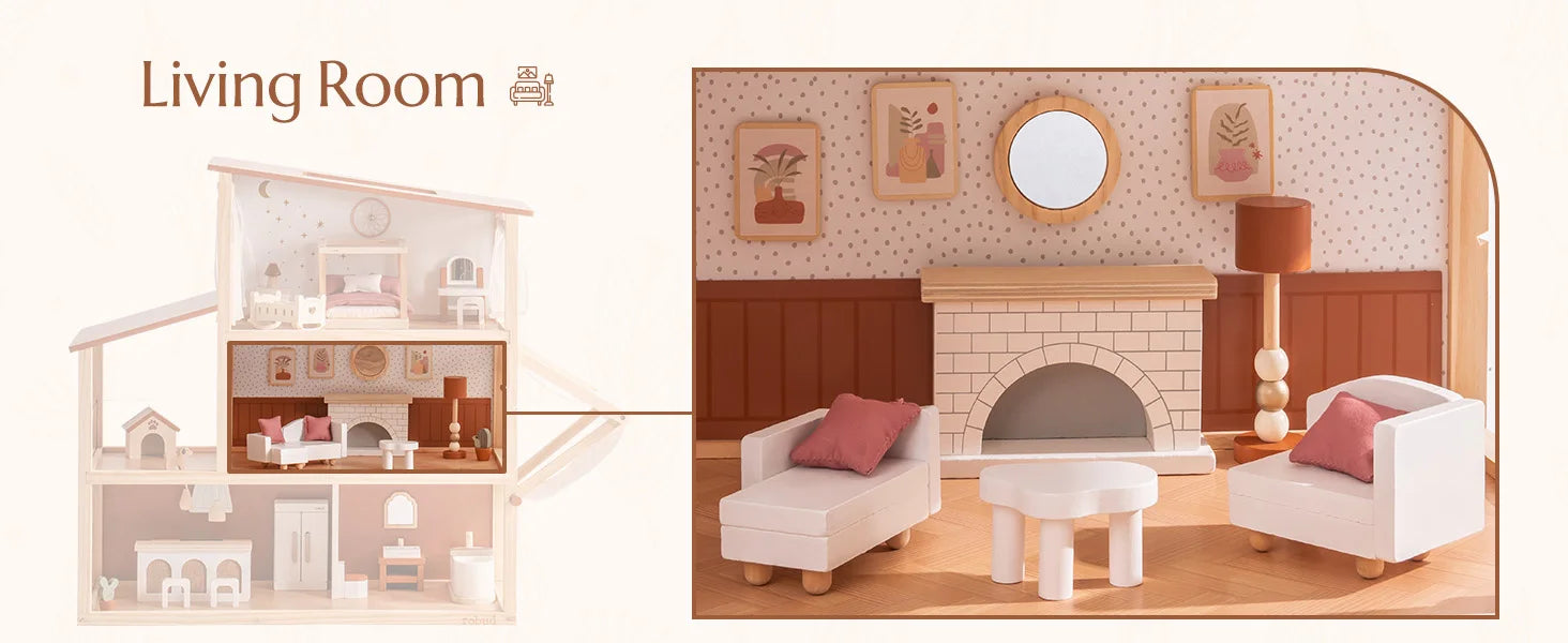 Robud Wooden Dollhouse 6 Rooms 29 Realistic Accessories 4-6" Dolls Nordic Style Kids Toddlers Gift Ages 3+