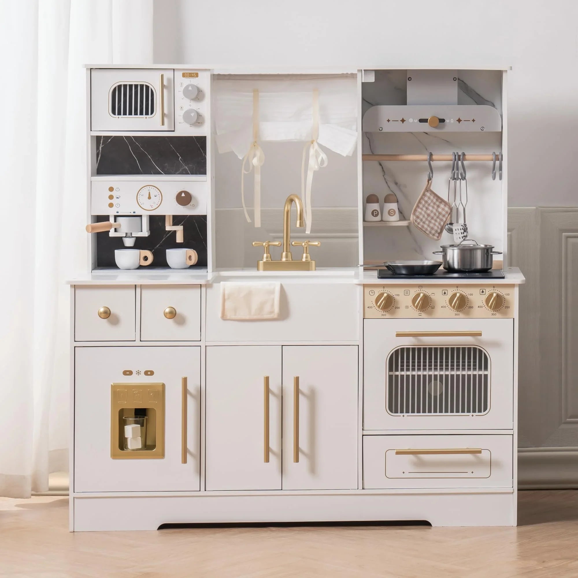 Deluxe white play kitchen set showing oven, stovetop and storage compartments"