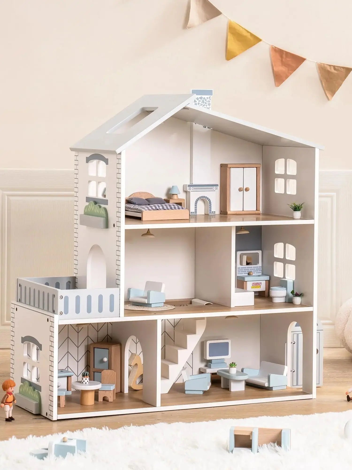 Robud Wooden Dollhouse 6 Rooms 29 Realistic Accessories 4-6" Dolls Nordic Style Kids Toddlers Gift Ages 3+