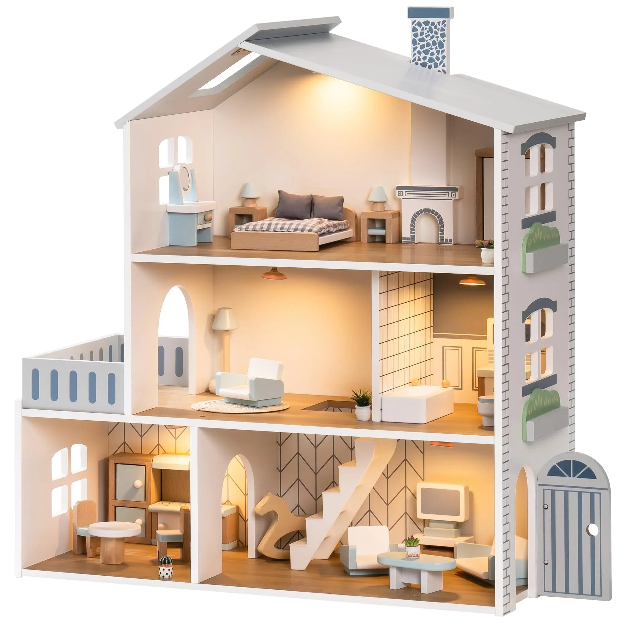 Wooden Dollhouse 6 Rooms 29 Realistic Accessories 4-6", working light fittings.