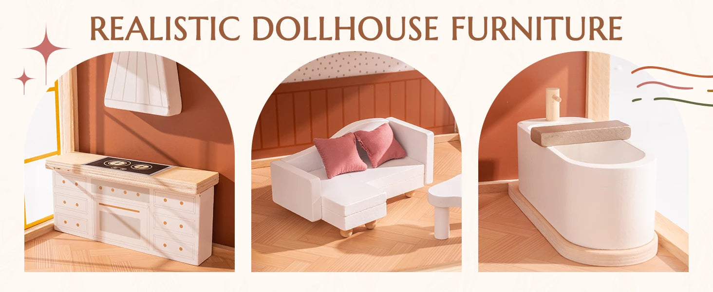 Robud Wooden Dollhouse 6 Rooms 29 Realistic Accessories 4-6" Dolls Nordic Style Kids Toddlers Gift Ages 3+