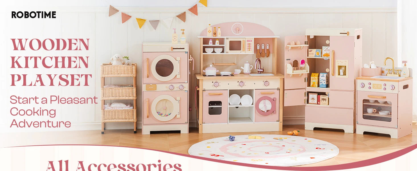 Kids Corner Kitchen Playset Wooden Play Kitchen Set with Realistic Sound Pretend Play Gift for Boys Girls Pink