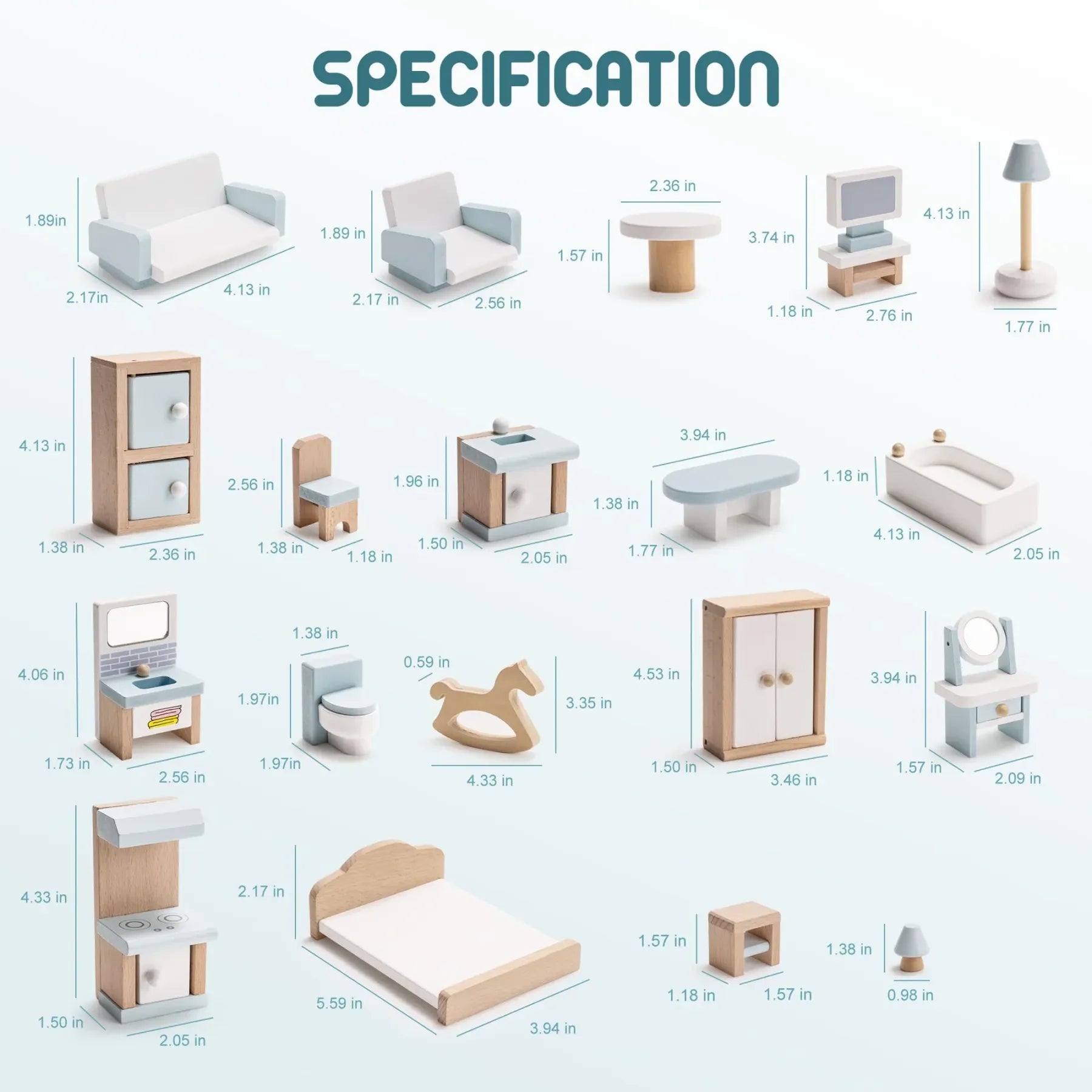 Robud Wooden Dollhouse 6 Rooms 29 Realistic Accessories 4-6" Dolls Nordic Style Kids Toddlers Gift Ages 3+