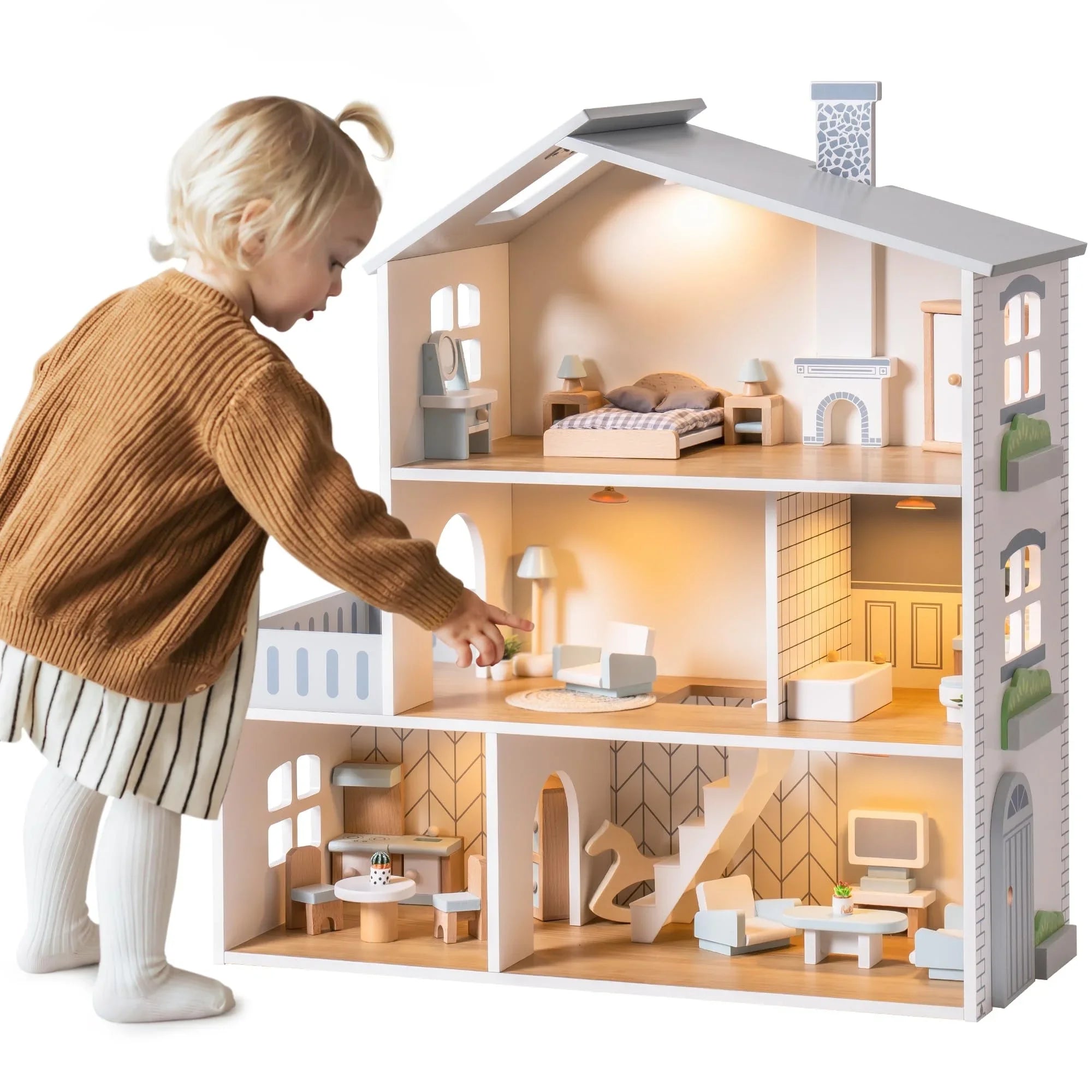 Wooden Dollhouse 6 Rooms 29 Realistic Accessories 4-6", working light fittings.