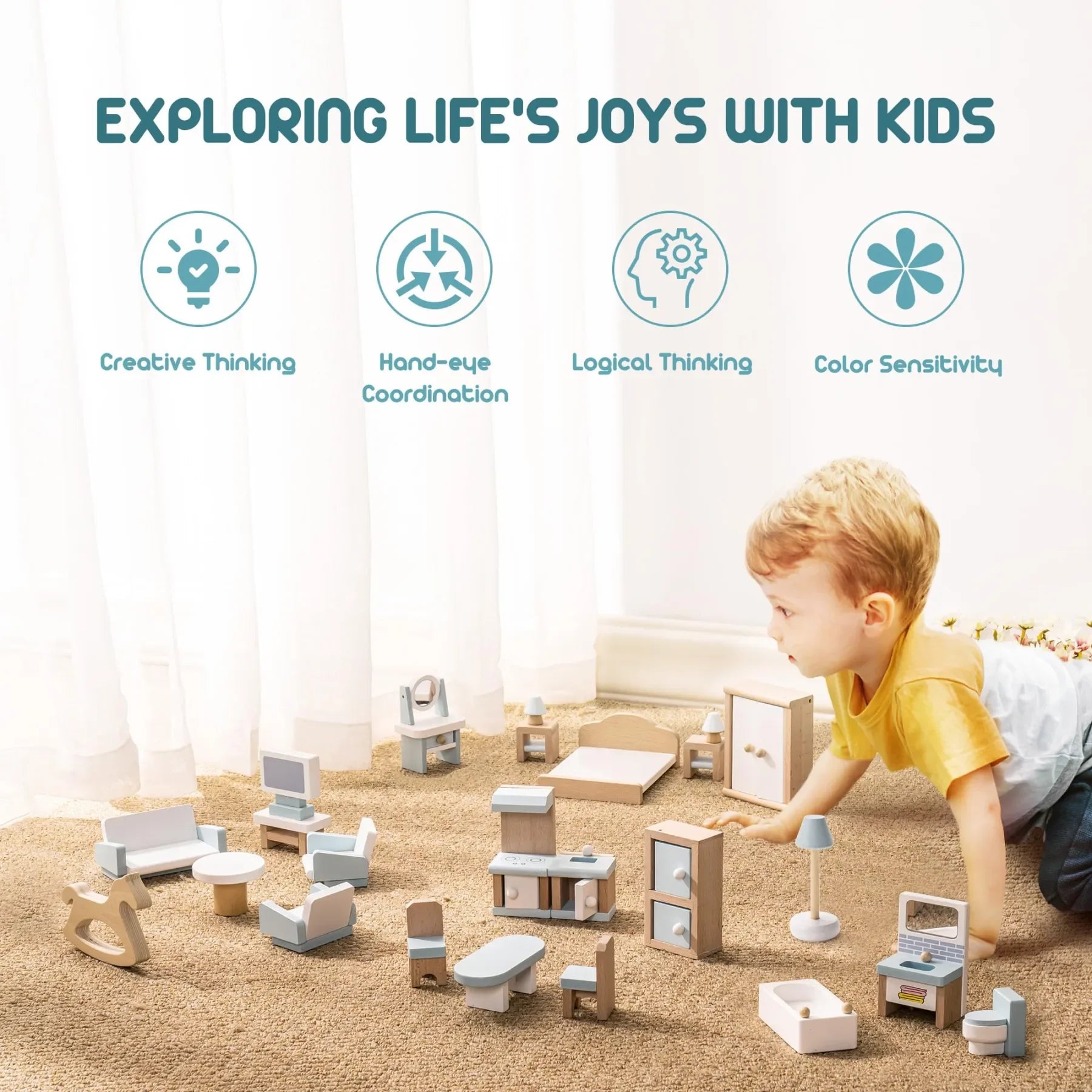 Robud Wooden Dollhouse 6 Rooms 29 Realistic Accessories 4-6" Dolls Nordic Style Kids Toddlers Gift Ages 3+