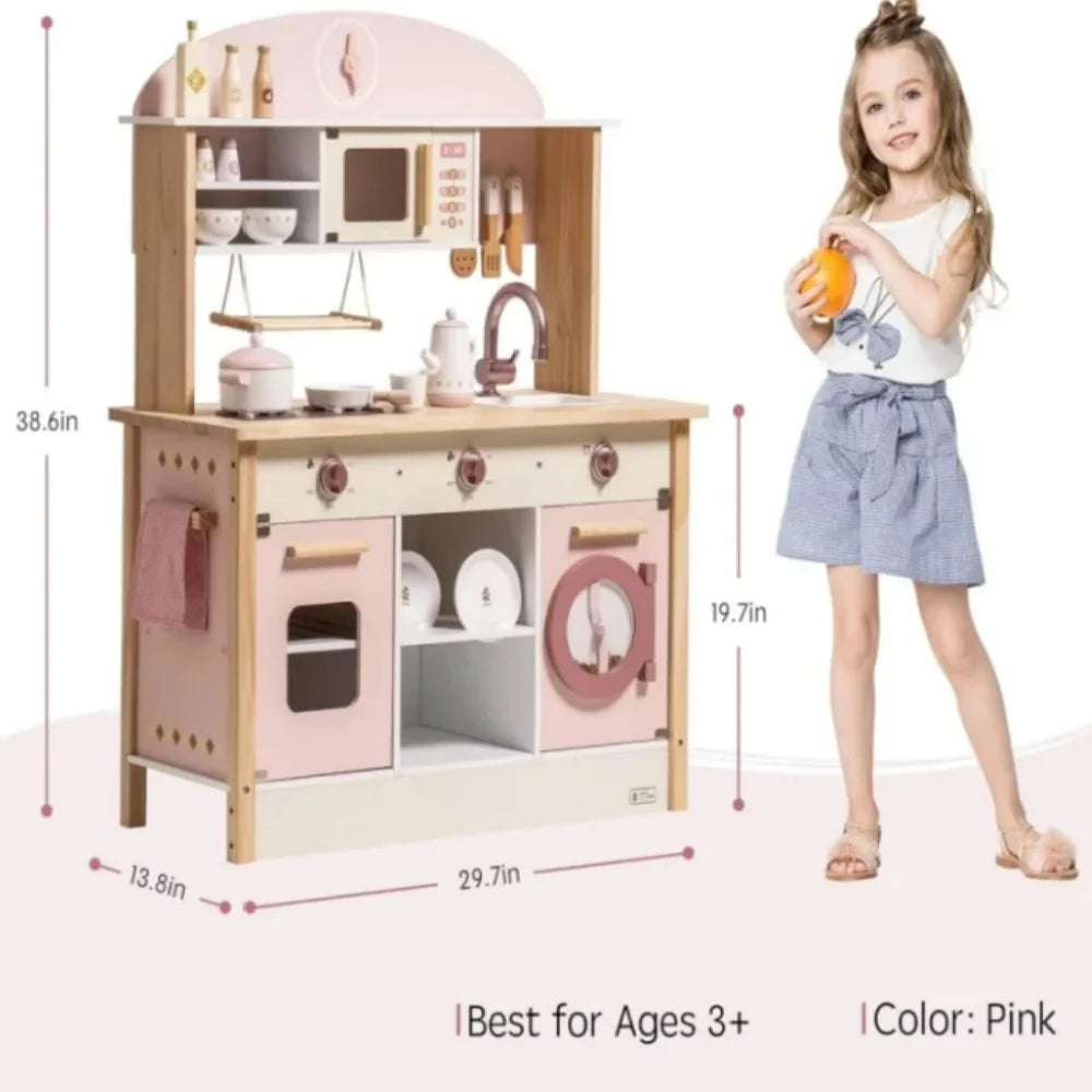 Kids Corner Kitchen Playset Wooden Play Kitchen Set with Realistic Sound Pretend Play Gift for Boys Girls Pink