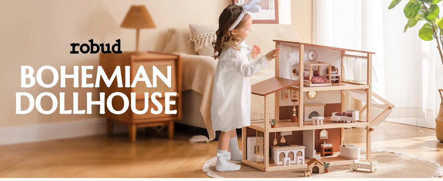 Robud Wooden Dollhouse 6 Rooms 29 Realistic Accessories 4-6" Dolls Nordic Style Kids Toddlers Gift Ages 3+