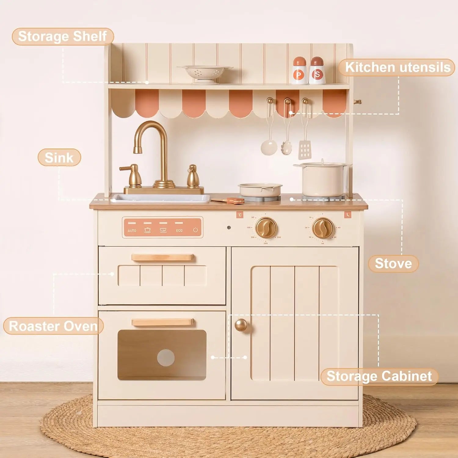 Play Kitchen Wooden Kids Kitchen Playset with Realistic Design Sink Oven, Stove Cabinet Vintage Style for Kids