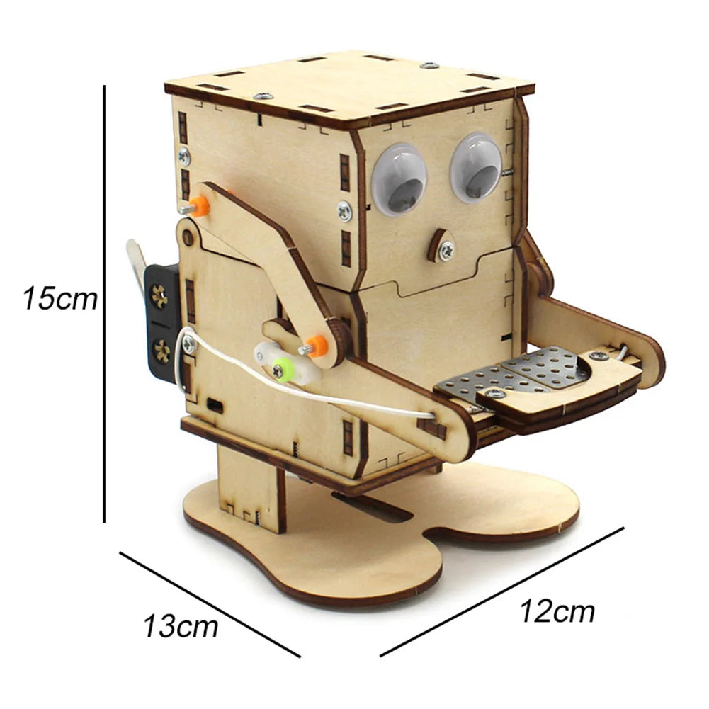 Wooden Robot Eating Coin STEM DIY Educational Teaching Kit Experiment Assembled
