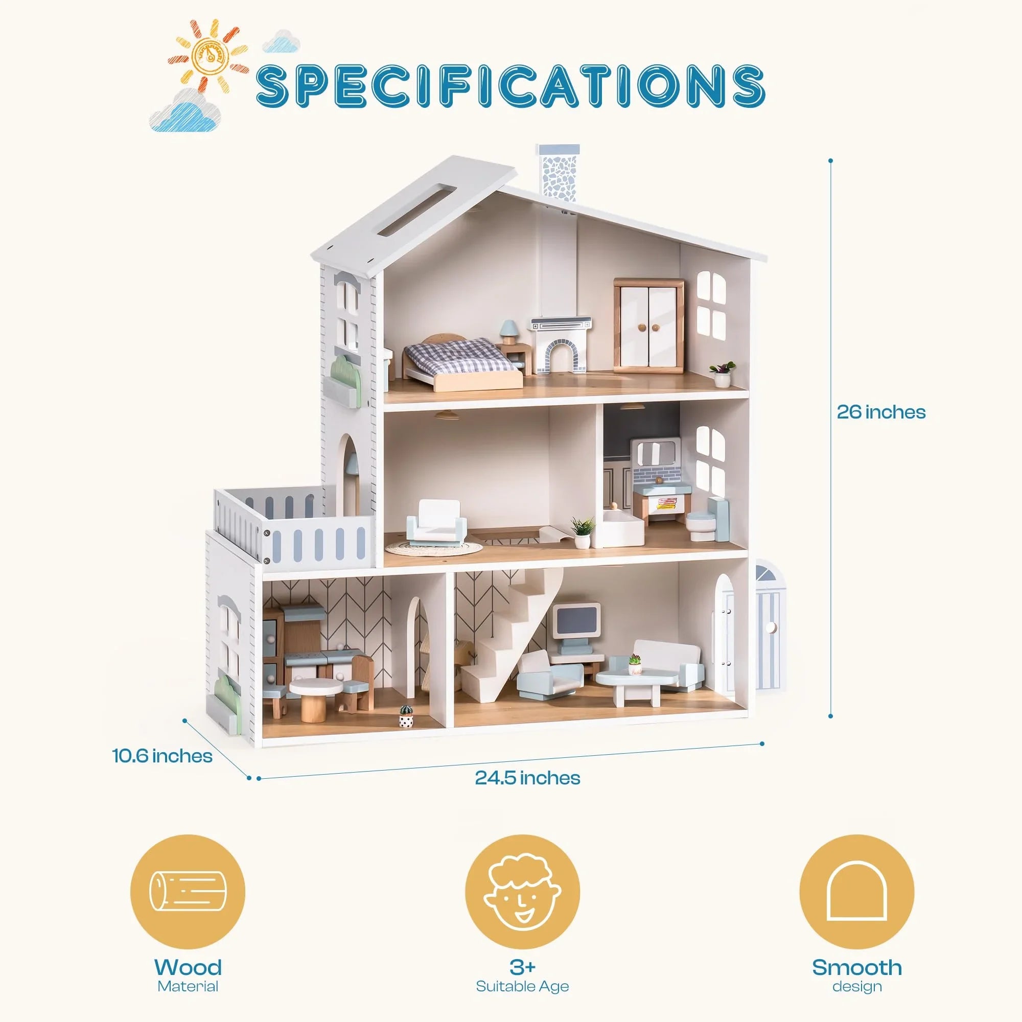 Robud Wooden Dollhouse 6 Rooms 29 Realistic Accessories 4-6" Dolls Nordic Style Kids Toddlers Gift Ages 3+