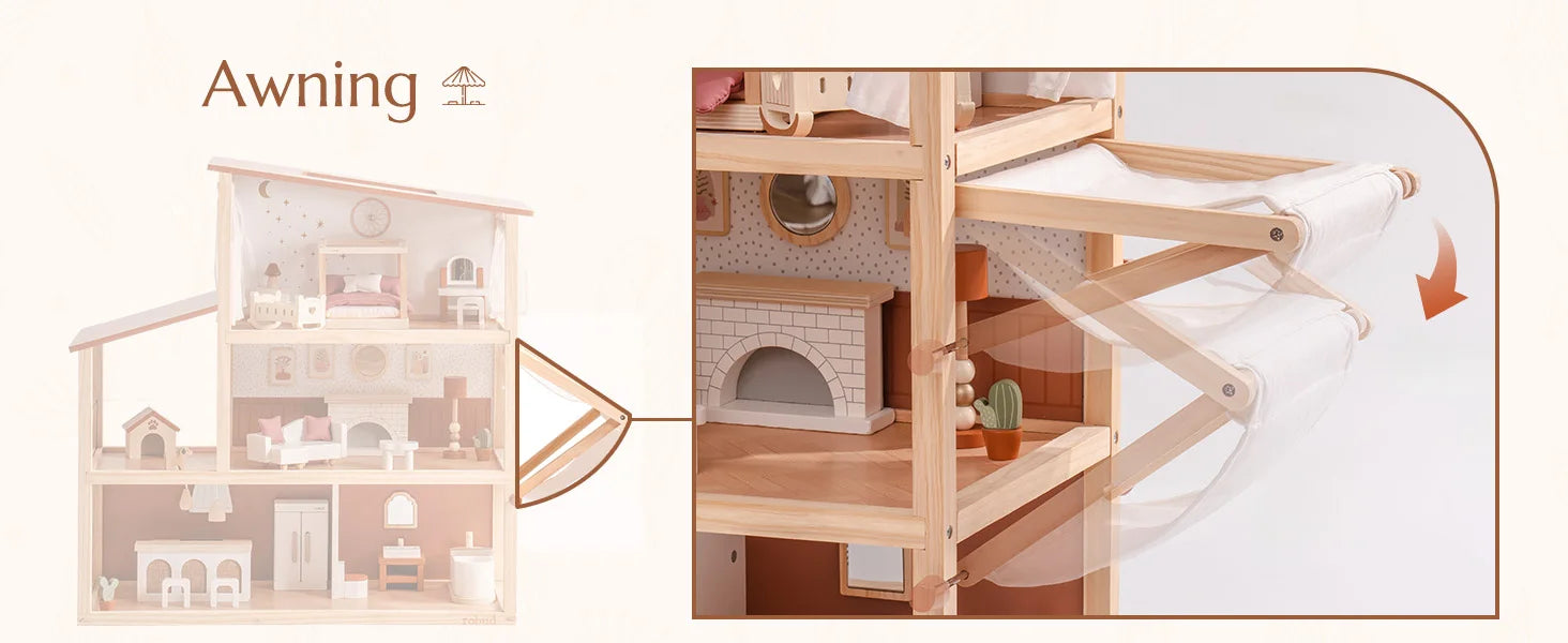 Robud Wooden Dollhouse 6 Rooms 29 Realistic Accessories 4-6" Dolls Nordic Style Kids Toddlers Gift Ages 3+