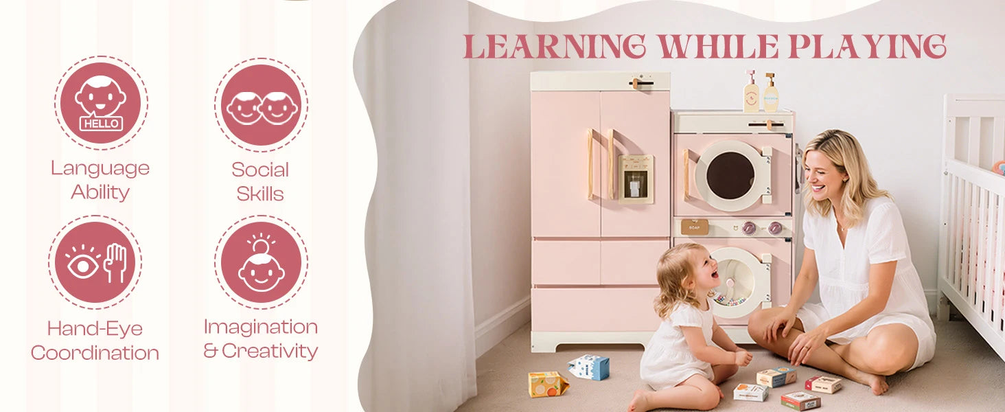 Kids Corner Kitchen Playset Wooden Play Kitchen Set with Realistic Sound Pretend Play Gift for Boys Girls Pink