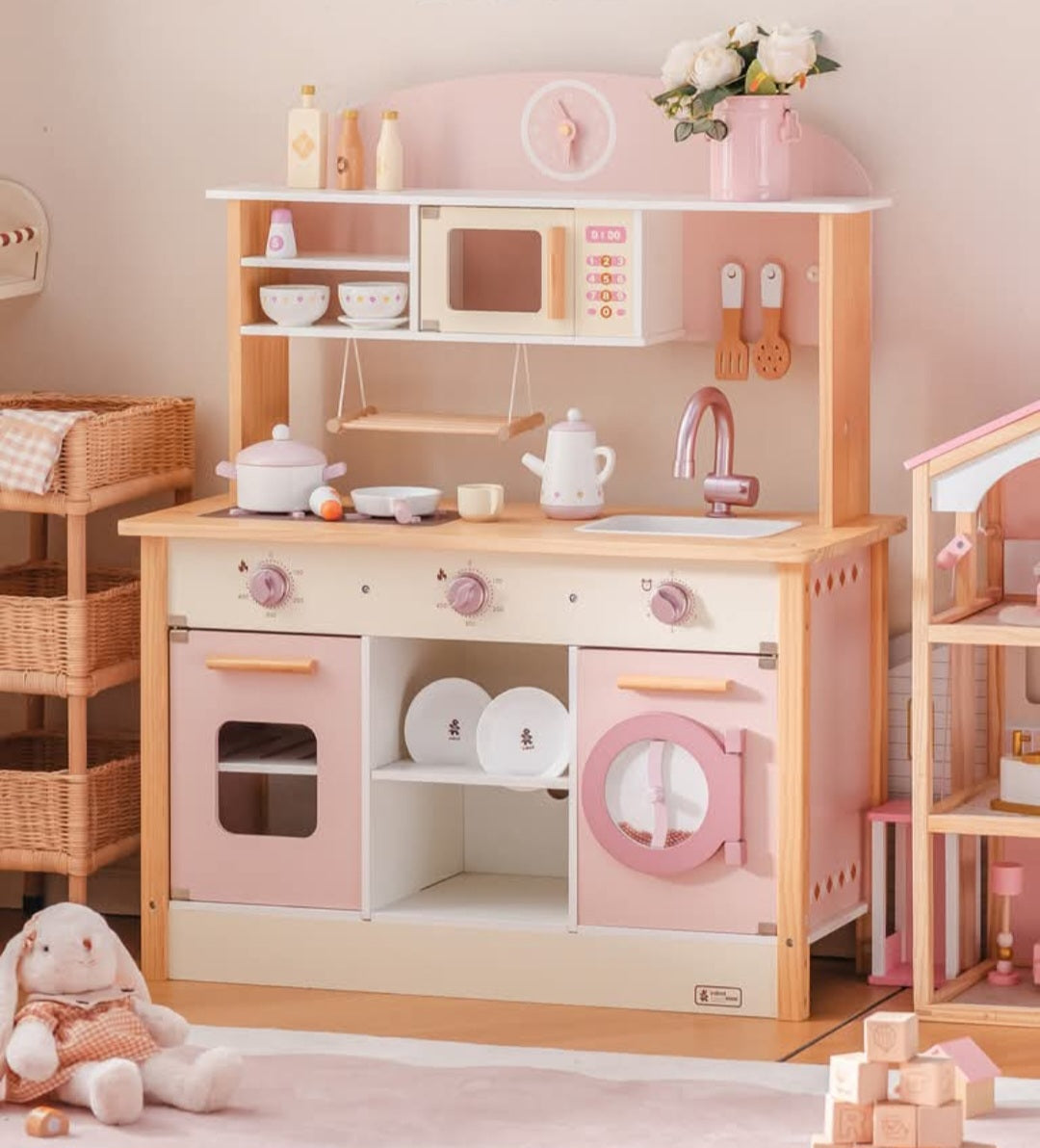 Kids Kitchen Playset Wooden Play Kitchen Set with Realistic Sound Pink