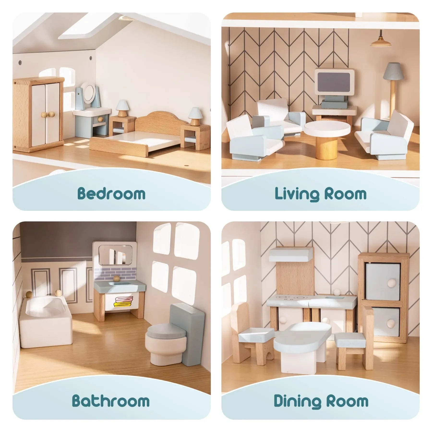 Robud Wooden Dollhouse 6 Rooms 29 Realistic Accessories 4-6" Dolls Nordic Style Kids Toddlers Gift Ages 3+