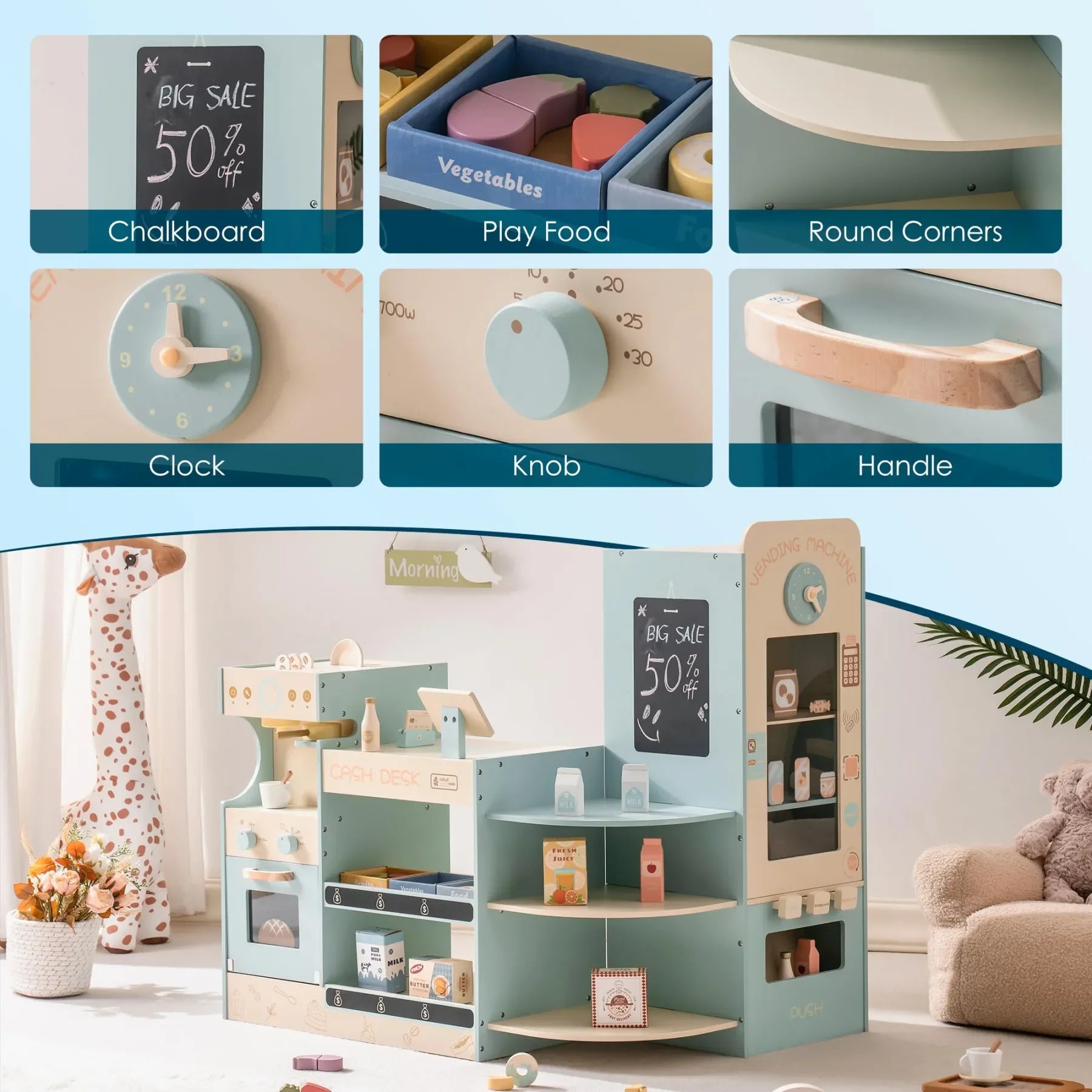 Robotime Robud Kids Grocery Store Pretend Play Supermarket with Checkout Counter Vending Machine Pretend Playset for Boys Girls