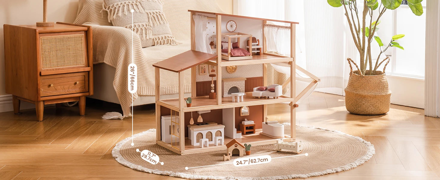 Robud Wooden Dollhouse 6 Rooms 29 Realistic Accessories 4-6" Dolls Nordic Style Kids Toddlers Gift Ages 3+