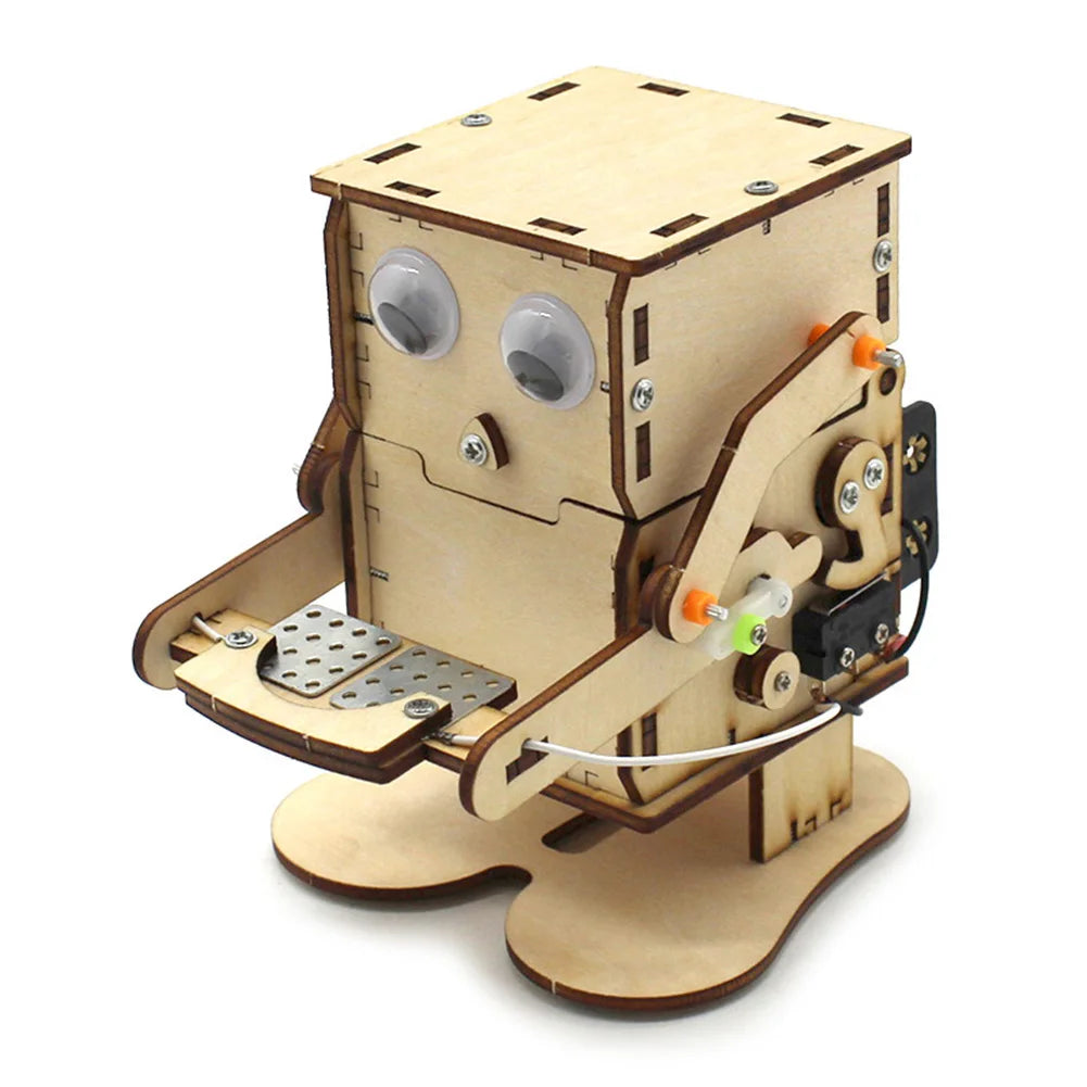 Wooden Robot Eating Coin STEM DIY Educational Teaching Kit Experiment Assembled
