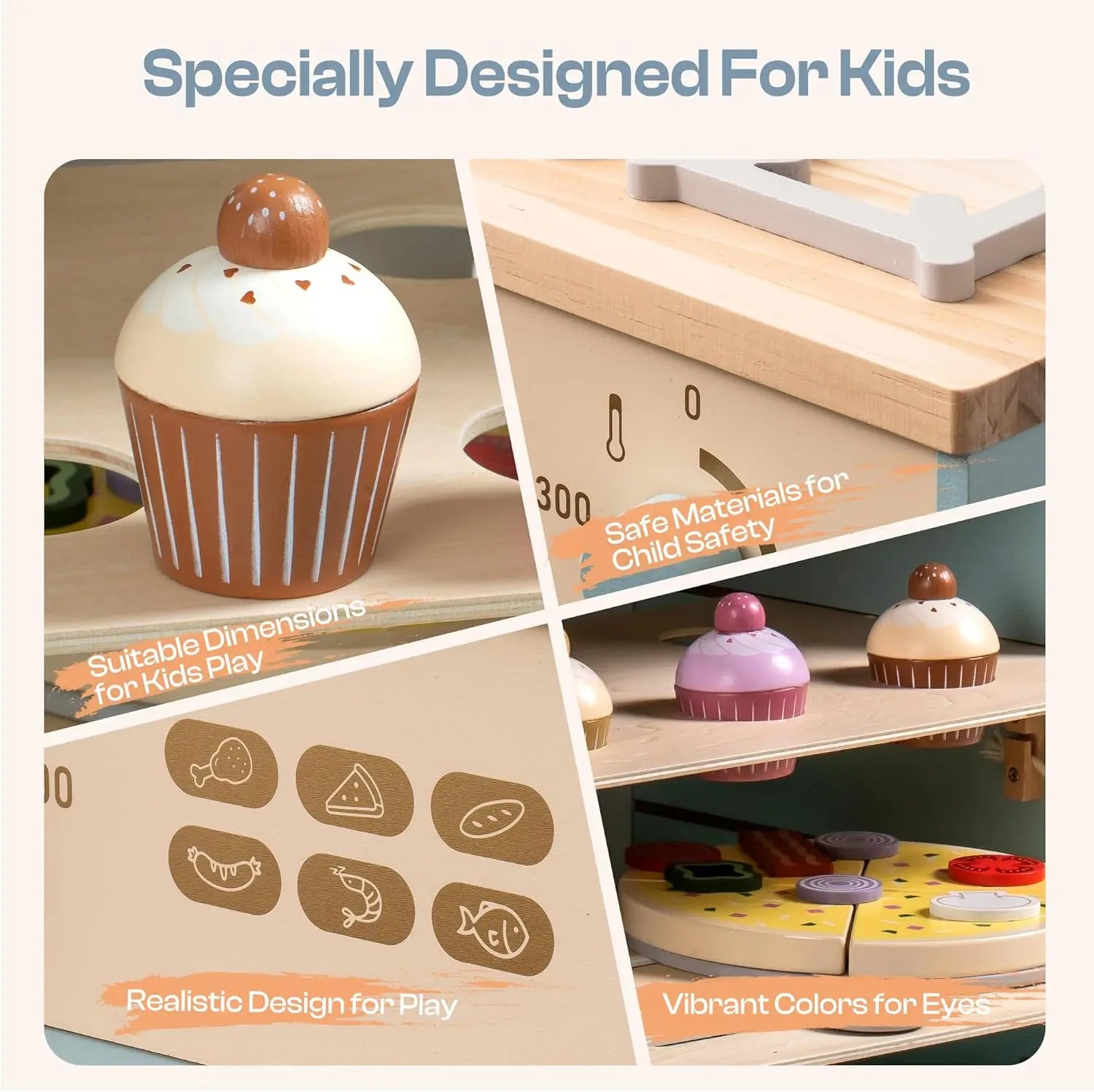 Kitchen Oven Playset, Montessori Pretend Play Kitchen Accessories with Pizza and Cupcakes