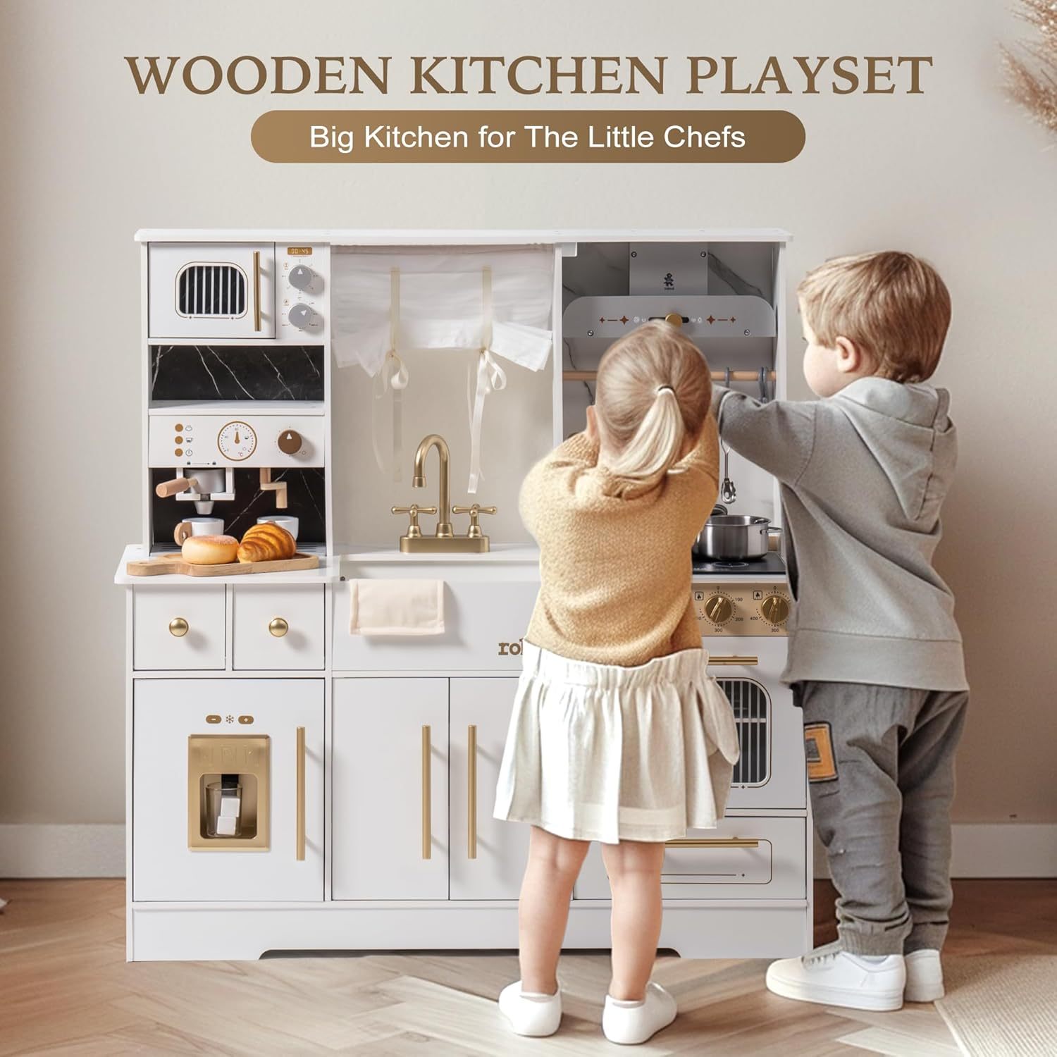 Children playing with a wooden kitchen playset in a room.