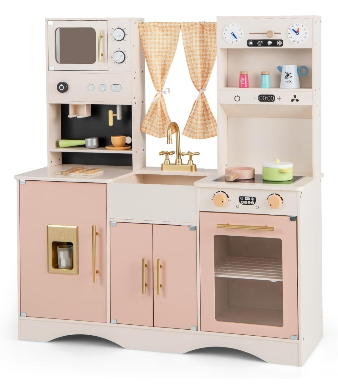 Wooden Play Kitchen Set with Ice Maker and Coffee Machine.
