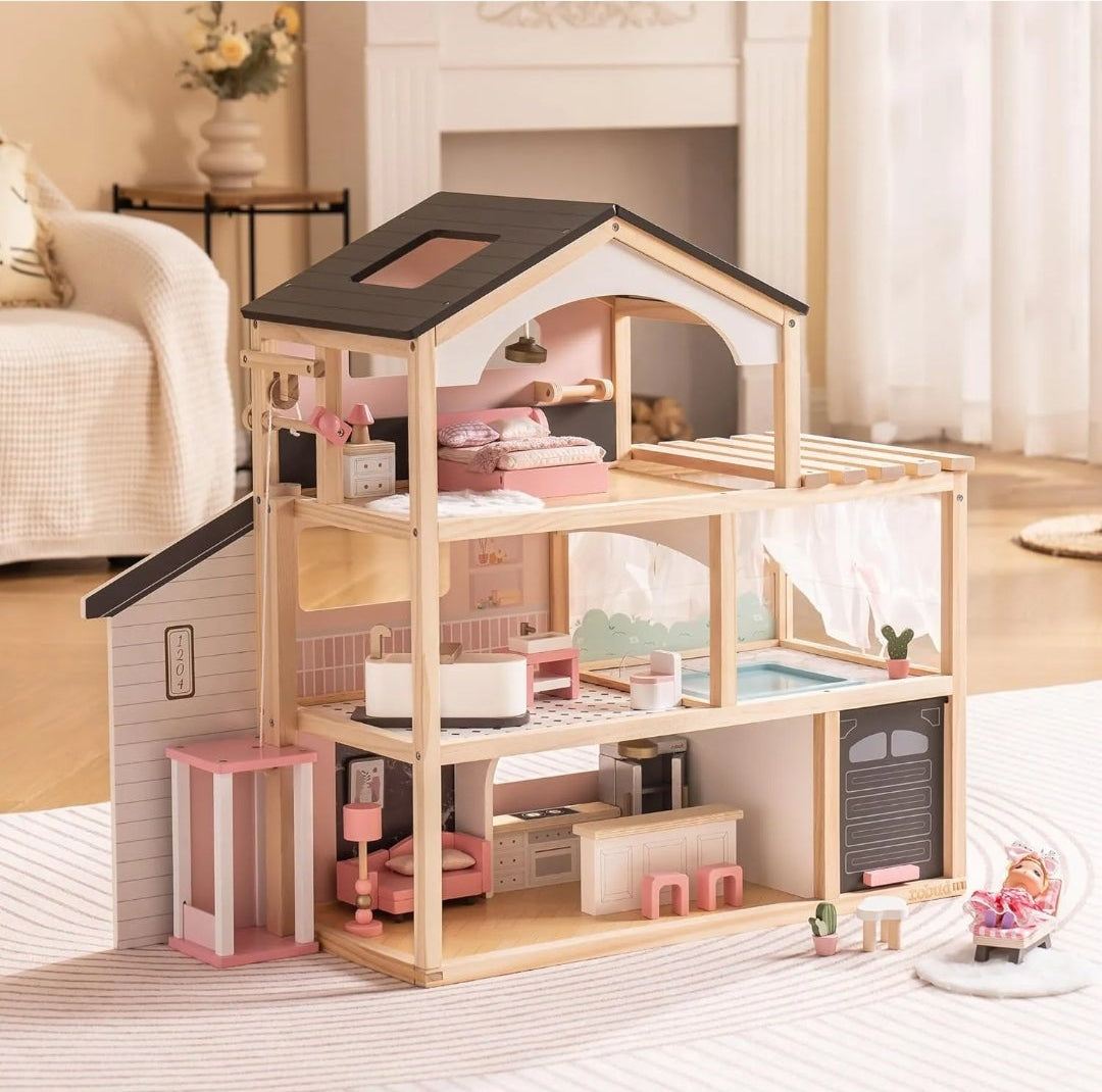 Wooden Dollhouse Luxury Villa for Dolls with working elevator and swimming pool.