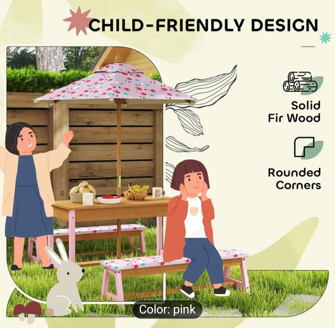 Kids Wooden Picnic Table with Umbrella & Cushions – Flamingo Theme