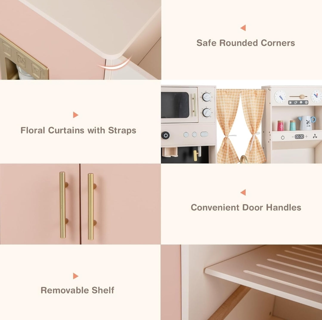 Wooden Play Kitchen Set with Ice Maker and Coffee Machine.