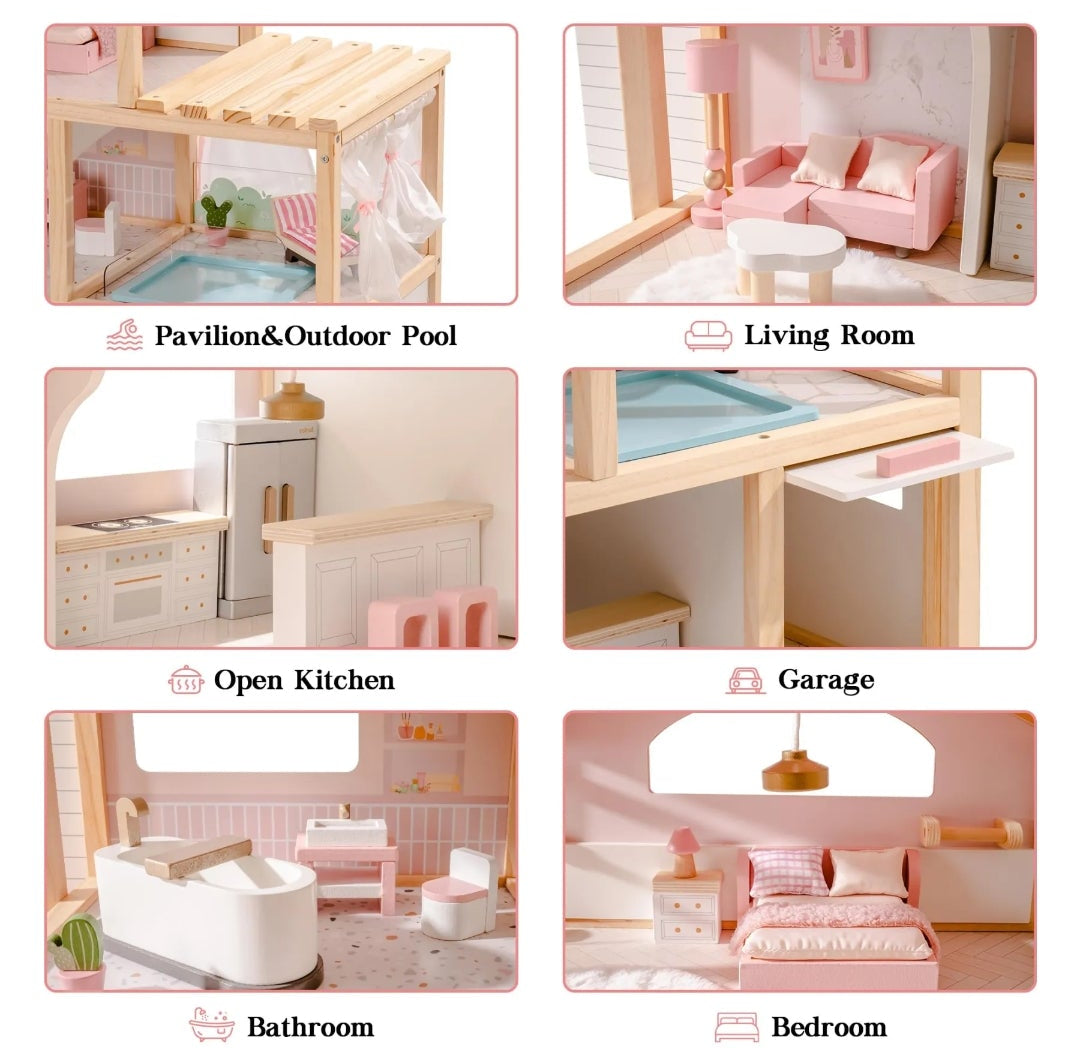 Wooden Dollhouse Luxury Villa for Dolls with working elevator and swimming pool.