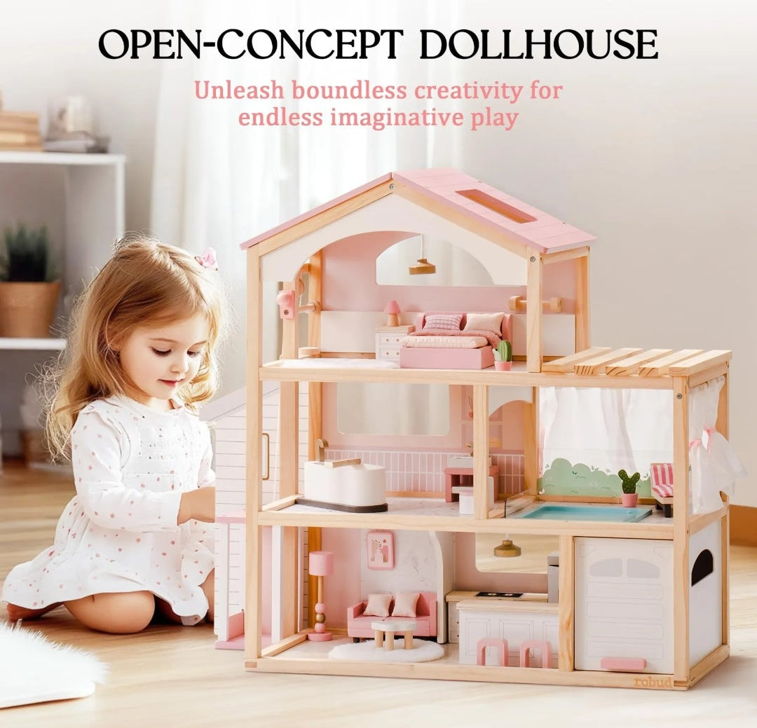 Wooden Dollhouse Luxury Villa for Dolls with working elevator and swimming pool.