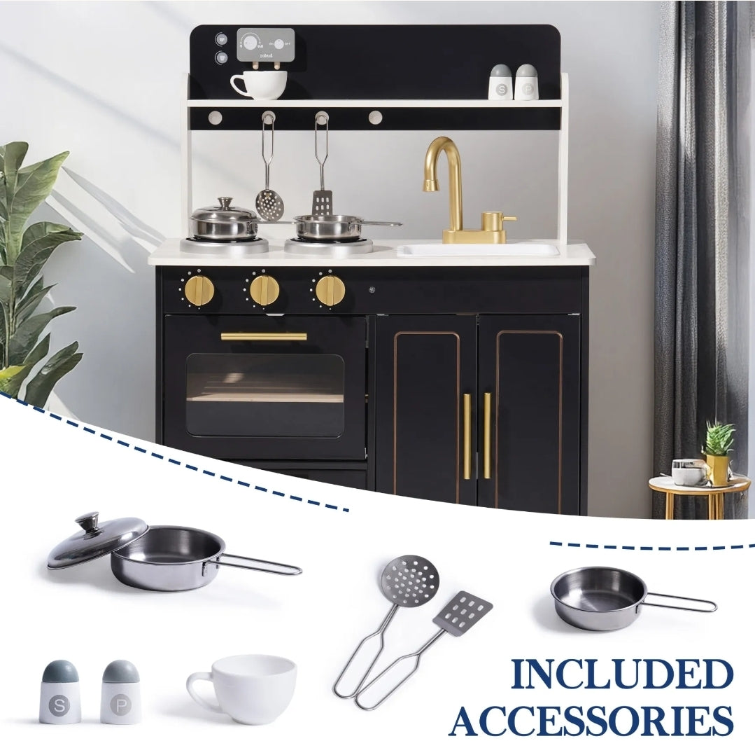 Wooden Play Kitchen Set with Ice Maker and Coffee machine