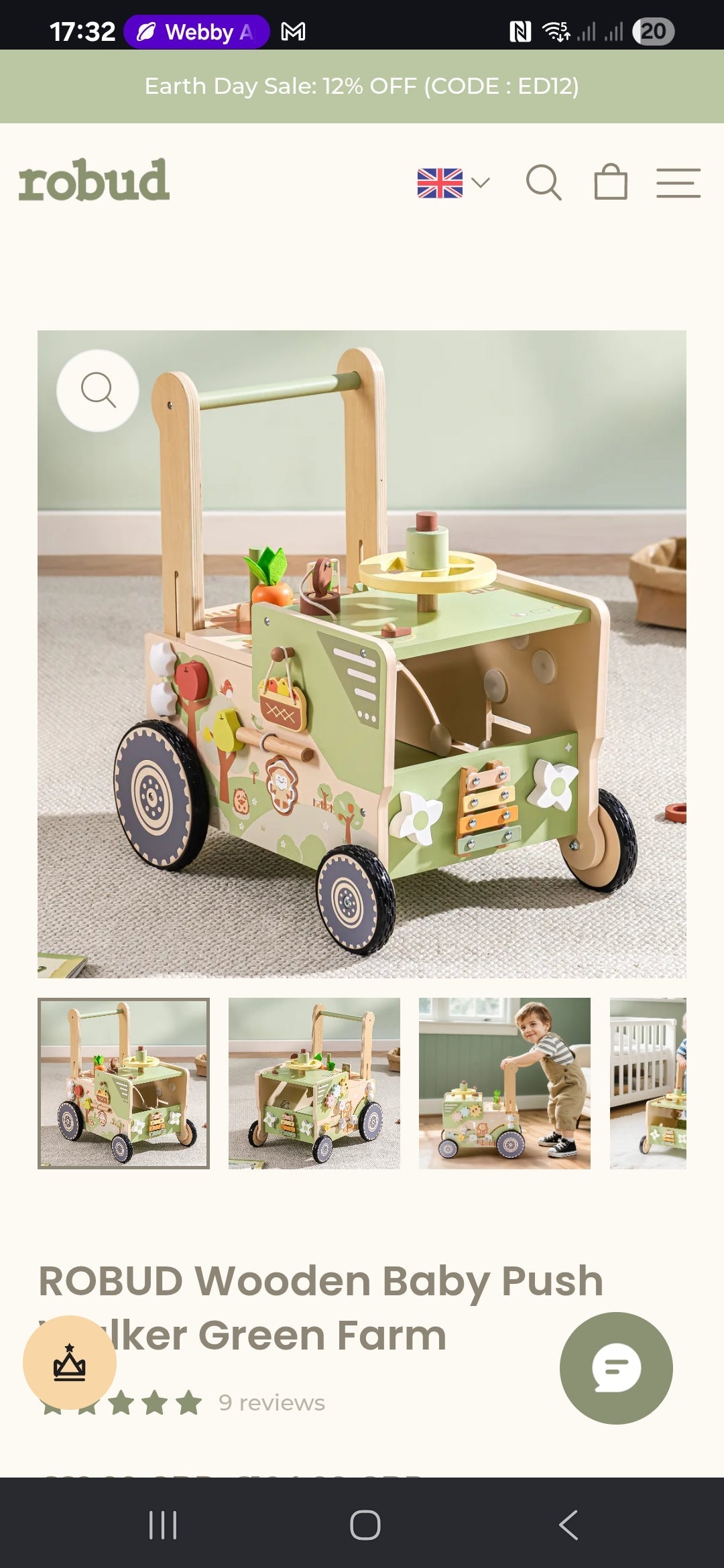 Wooden Baby Push Walker Green Tractor