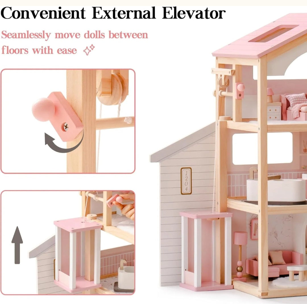 Wooden Dollhouse Luxury Villa for Dolls with working elevator and swimming pool.