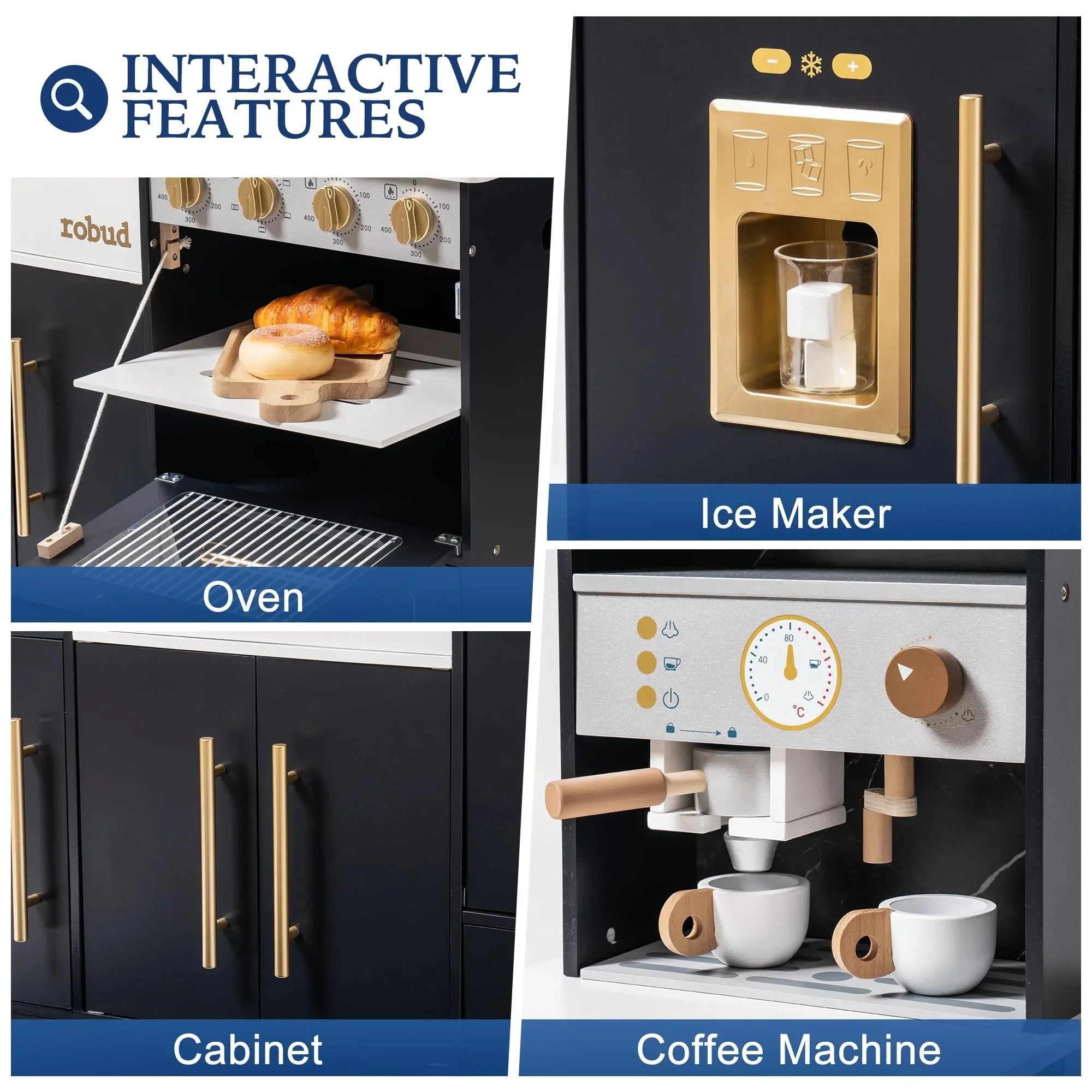 Wooden Play Kitchen Set with Ice Maker and Coffee machine