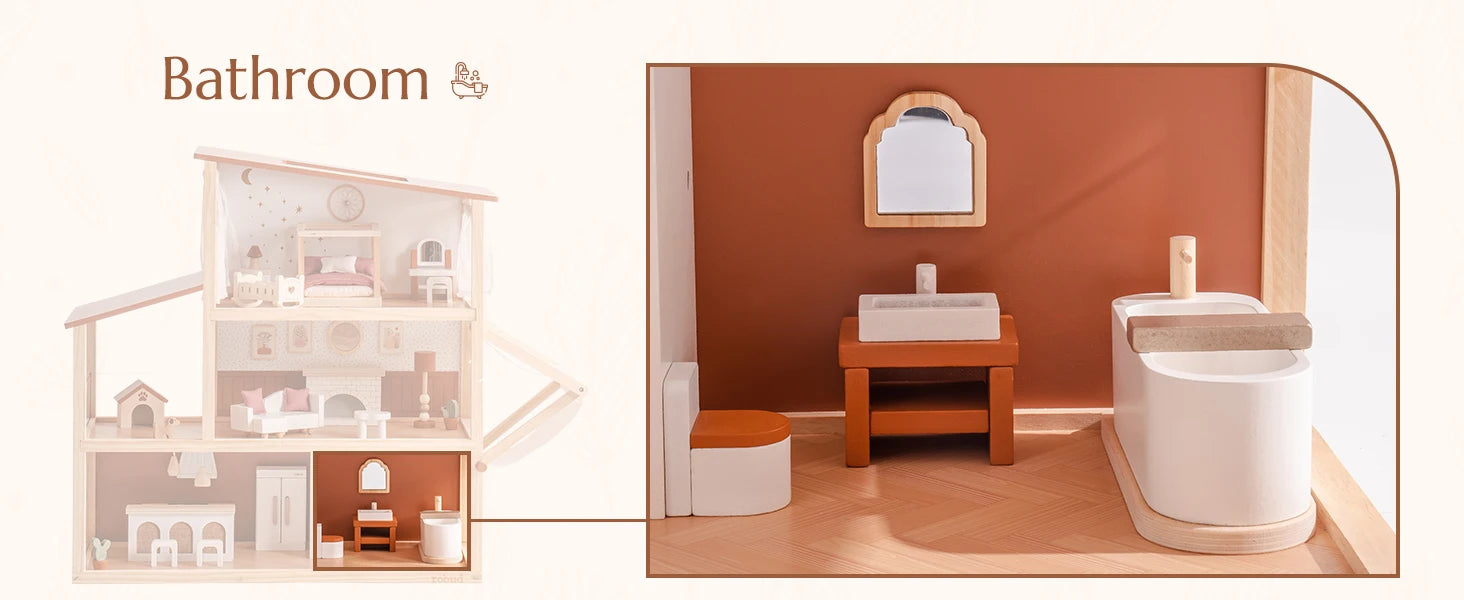 Robud Wooden Dollhouse 6 Rooms 29 Realistic Accessories 4-6" Dolls  Nordic Style Kids Toddlers Gift Ages 3+