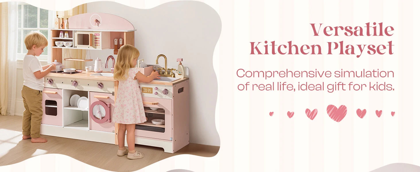 Kids Corner Kitchen Playset Wooden Play Kitchen Set with Realistic Sound Pretend Play Gift for Boys Girls Pink