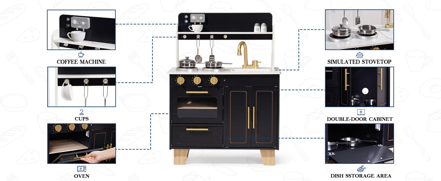 WoodenPlay Kitchen Set with Coffee Machine Realistic Gift for Girls & Boys 3+