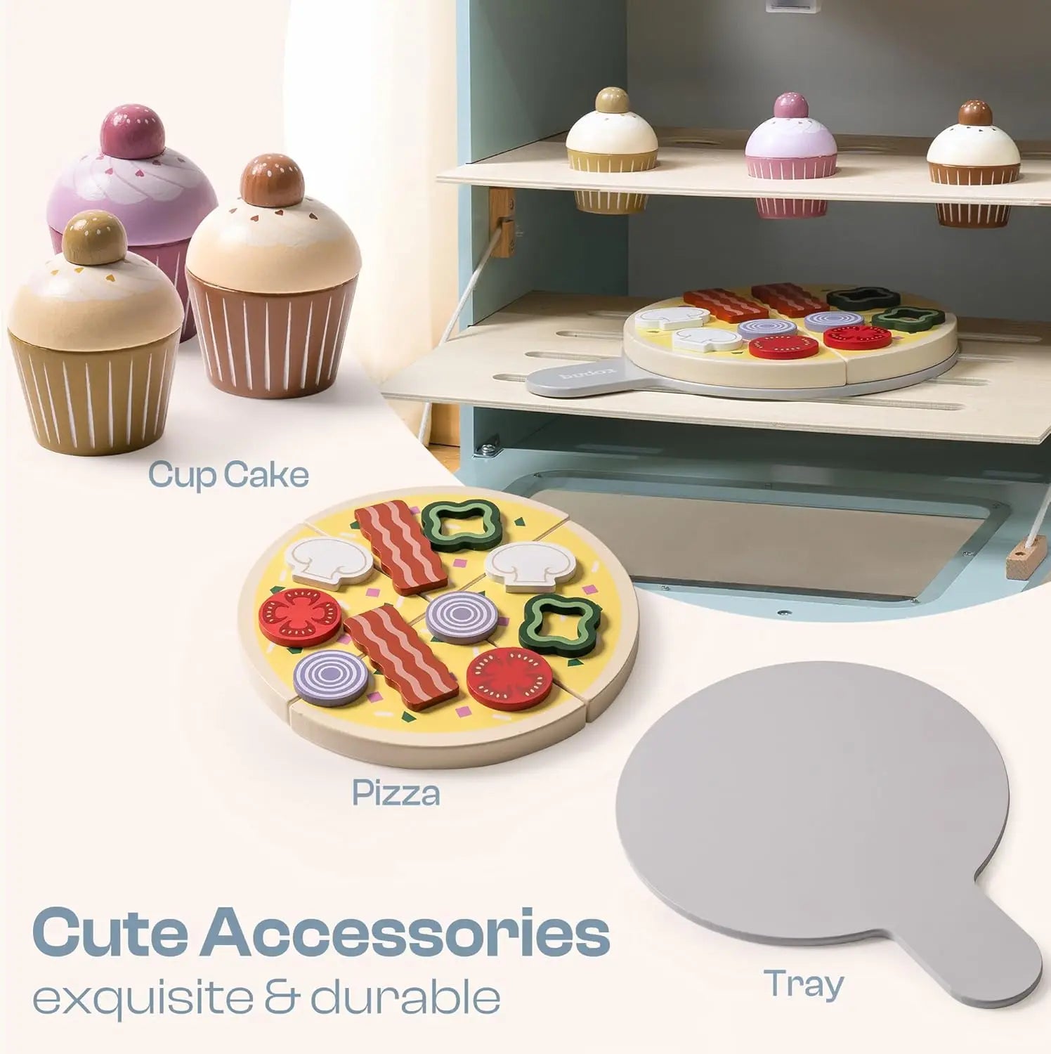 Kitchen Oven Playset, Montessori Pretend Play Kitchen Accessories with Pizza and Cupcakes
