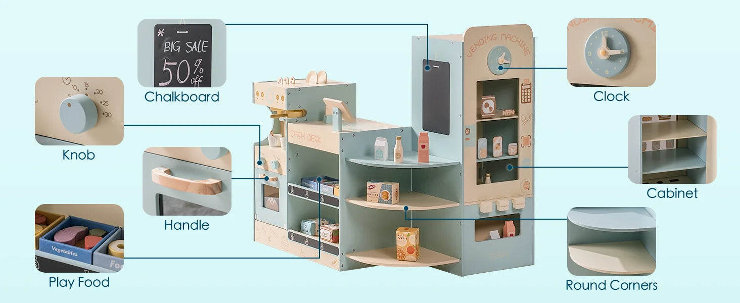 Robotime Robud Kids Grocery Store Pretend Play Supermarket with Checkout Counter Vending Machine Pretend Playset for Boys Girls