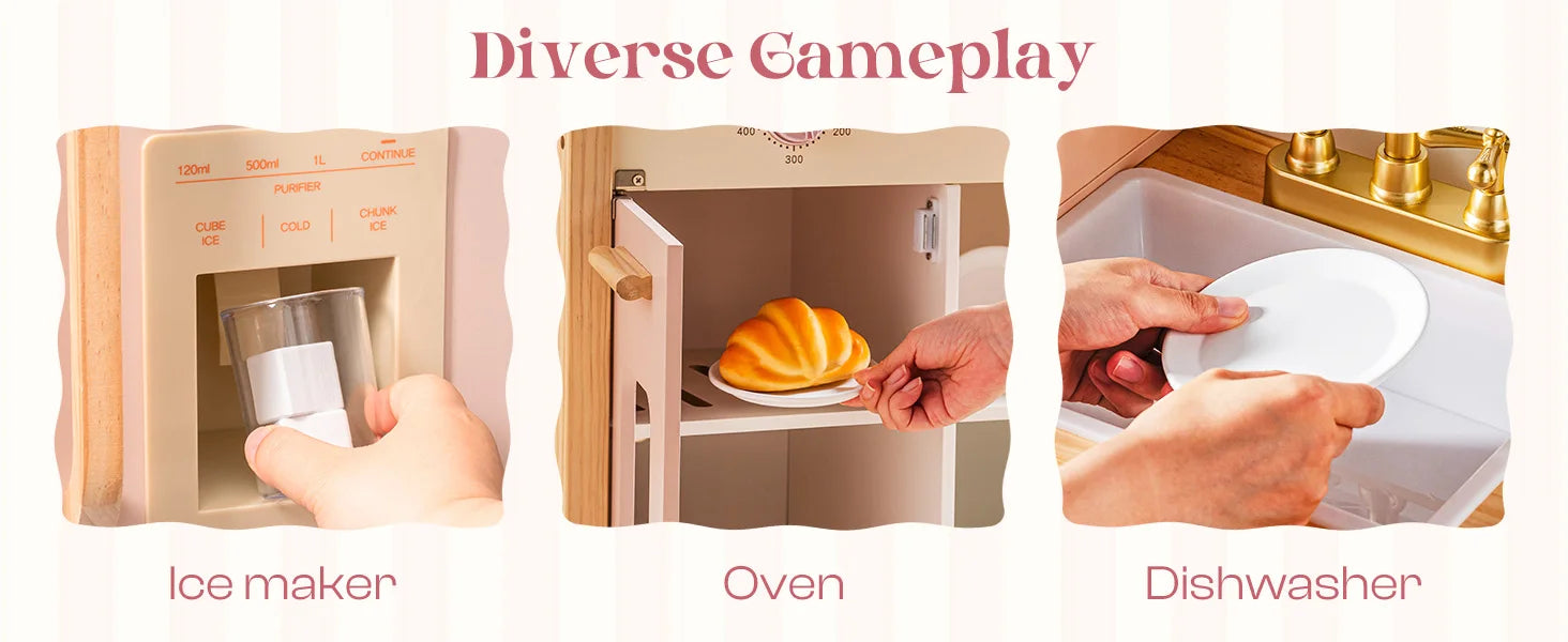 Kids Corner Kitchen Playset Wooden Play Kitchen Set with Realistic Sound Pretend Play Gift for Boys Girls Pink