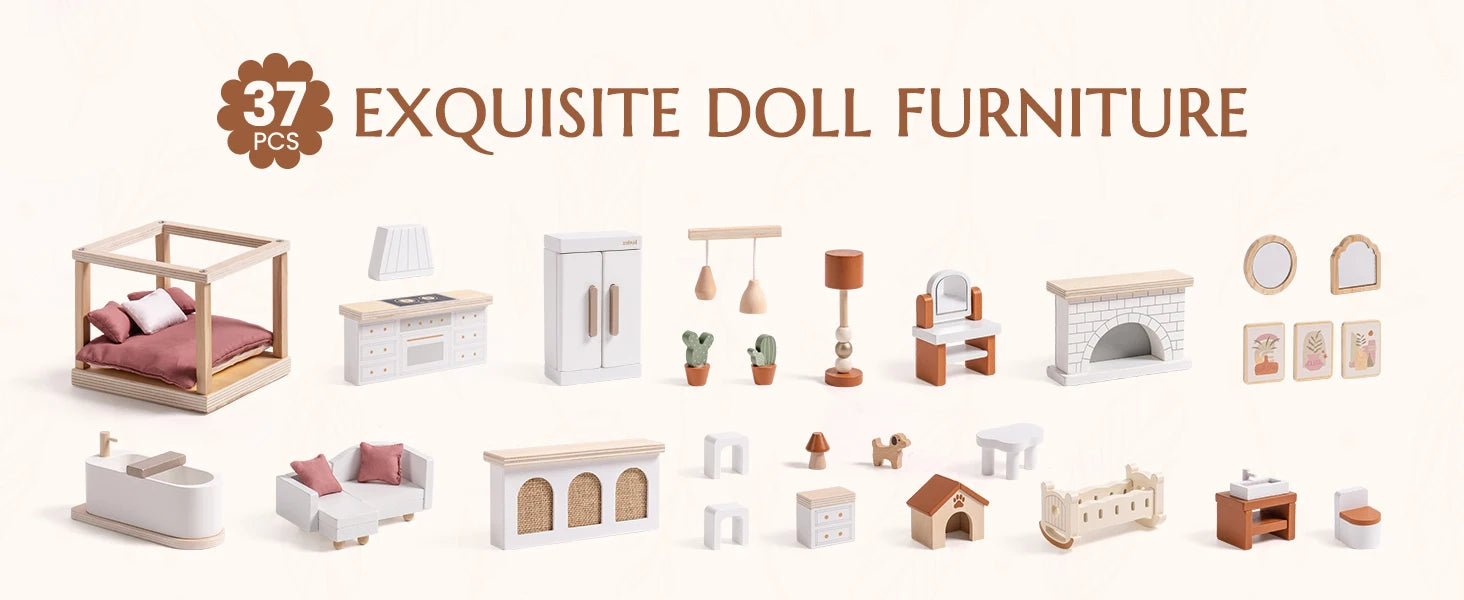 Robud Wooden Dollhouse 6 Rooms 29 Realistic Accessories 4-6" Dolls  Nordic Style Kids Toddlers Gift Ages 3+