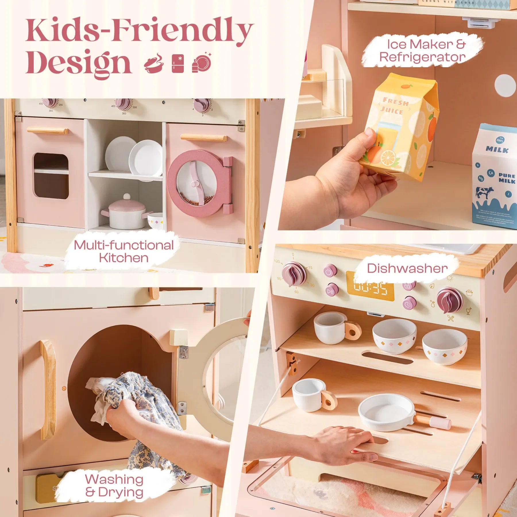 Kids Corner Kitchen Playset Wooden Play Kitchen Set with Realistic Sound Pretend Play Gift for Boys Girls Pink