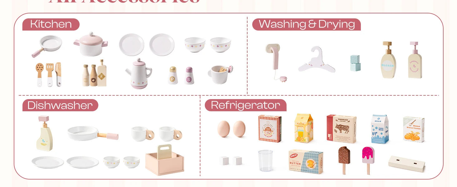 Kids Corner Kitchen Playset Wooden Play Kitchen Set with Realistic Sound Pretend Play Gift for Boys Girls Pink