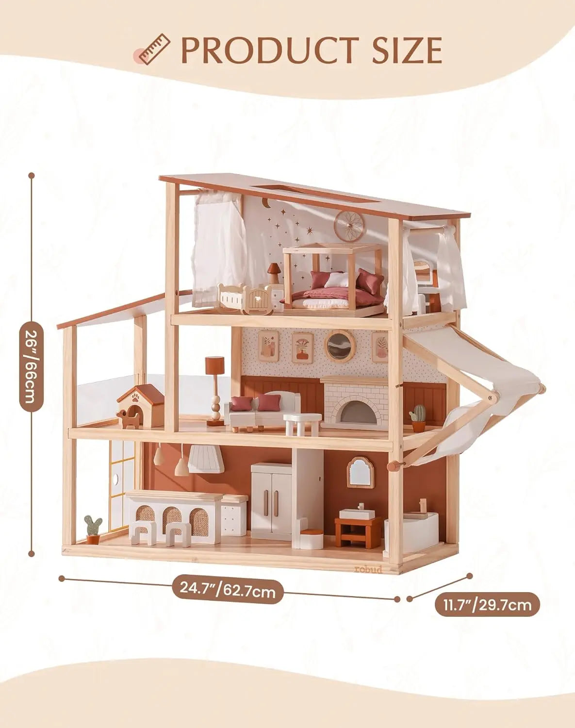 Robud Wooden Dollhouse 6 Rooms 29 Realistic Accessories 4-6" Dolls  Nordic Style Kids Toddlers Gift Ages 3+