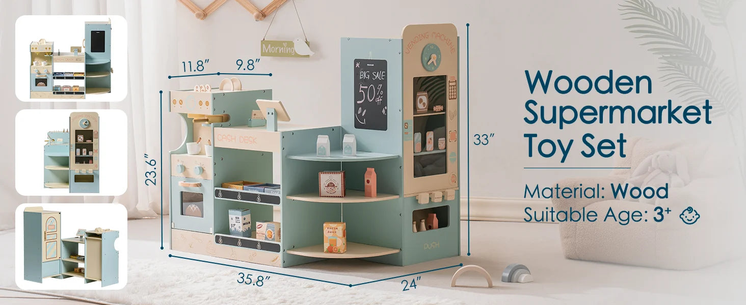 Robotime Robud Kids Grocery Store Pretend Play Supermarket with Checkout Counter Vending Machine Pretend Playset for Boys Girls